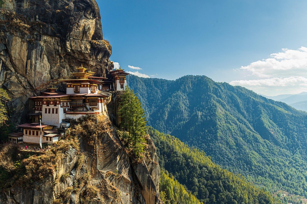 bhutan, monastery, mountains, buddhism, temple, asia, mountain, nest, paro, landmark, religion, buddha, buddhist, architecture, landscape, tourism, travel, nature, taktshang, himalaya, building, bhutanese, attraction, rock